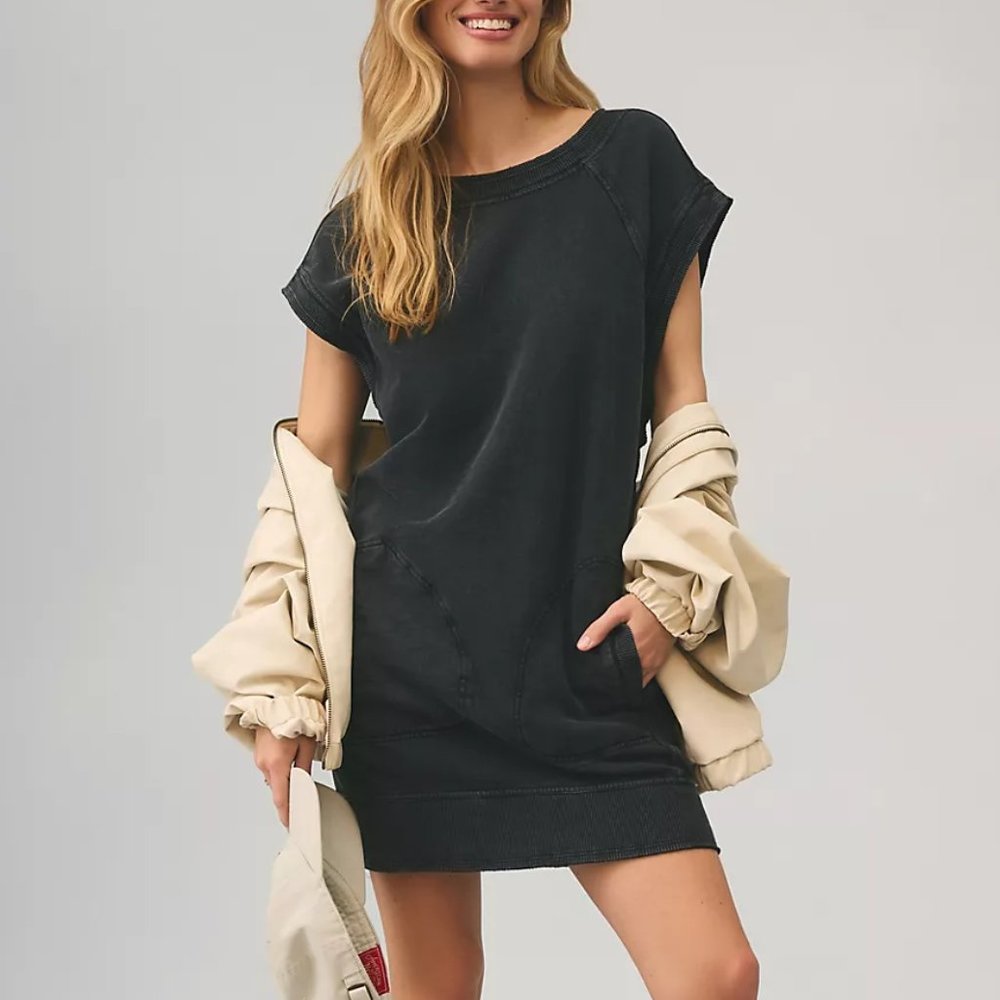 Anthropologie Daily Practice 100% Cotton Lounge Boatneck Mini Dress Black 1X